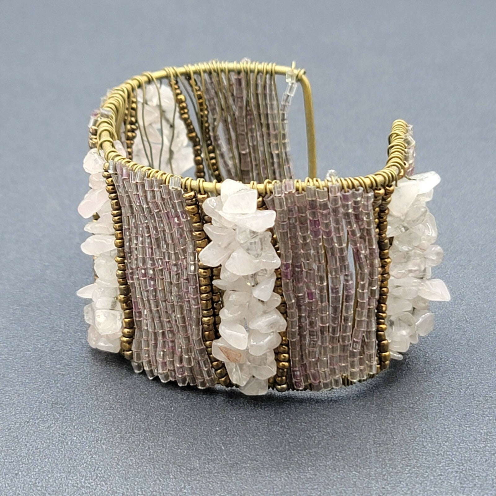 CHUNKY Urban Artisanal Metal Wire Wrapped Wide Cuff Bracelet Quartz Beads