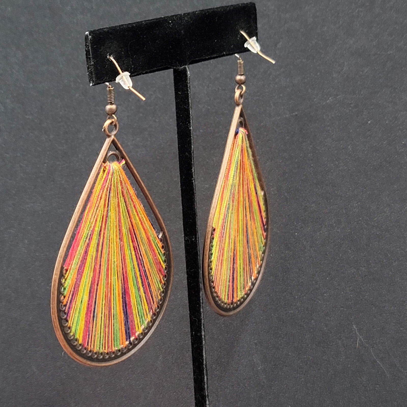 New Boho Pierced Earrings Copper tone Rainbow Threaded Dangle Teardrop 2.75"