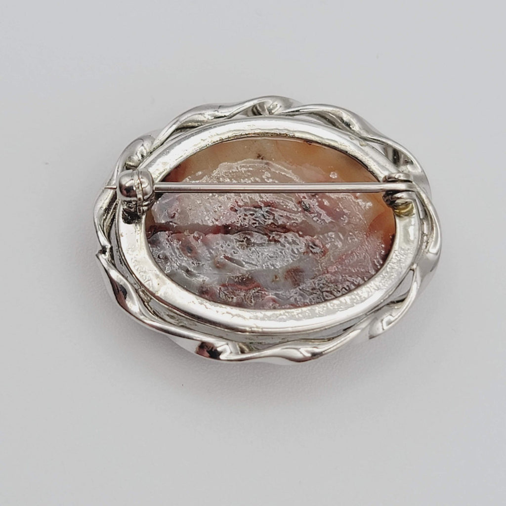Vintage Natural Stone Lace Agate Brooch Silver Tone Pin 1.25 in