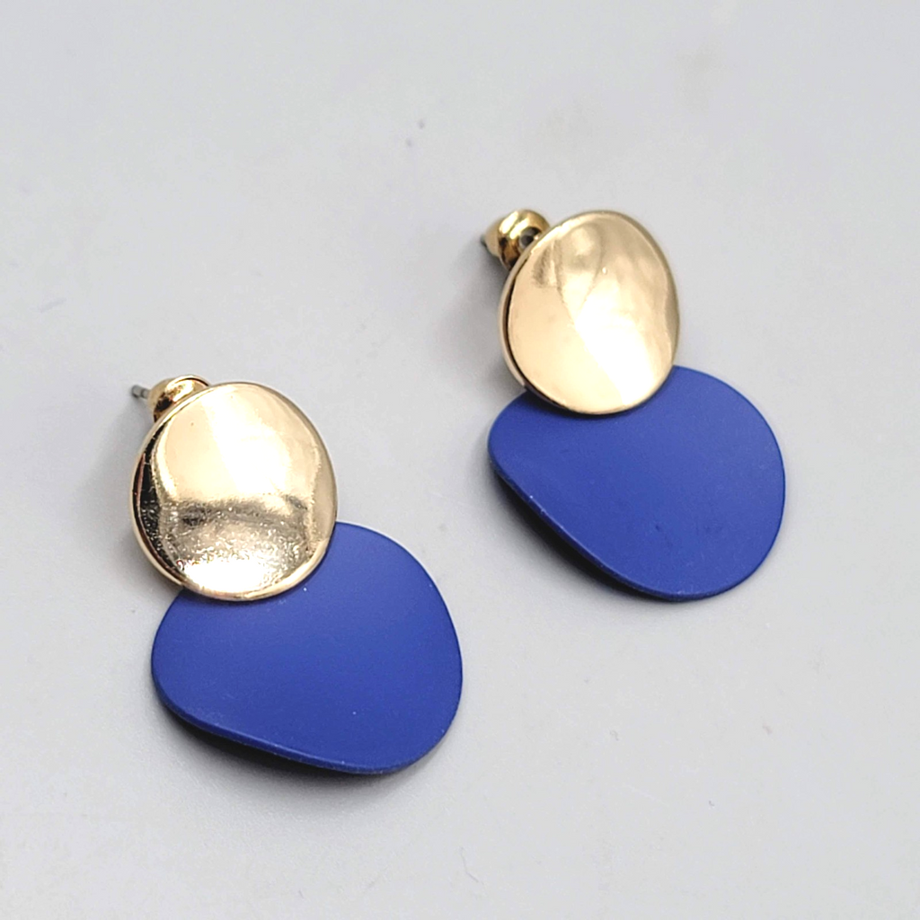 Pierced Earrings Gold toen Dangle Matte Blue Enamel 1.25"