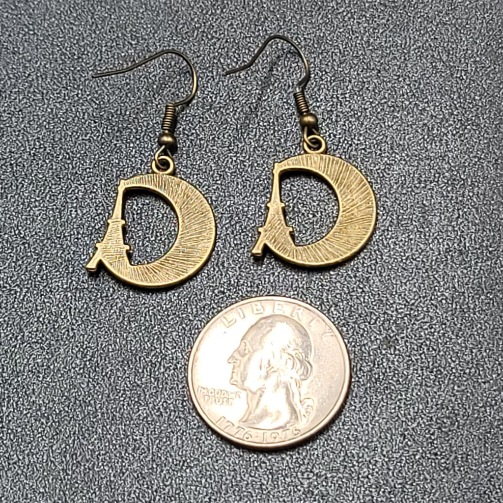 Crescent Moon Eiffel Tower Pierced Earrings Dangle Bronze tone New 7/8"