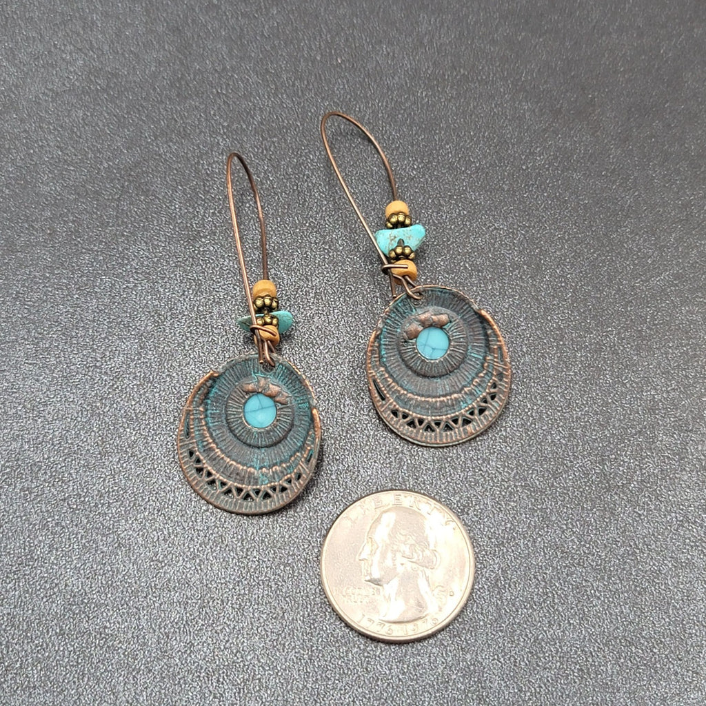 Boho Pierced Earrings Copper tone Faux Turquoise Dangle 2.25"