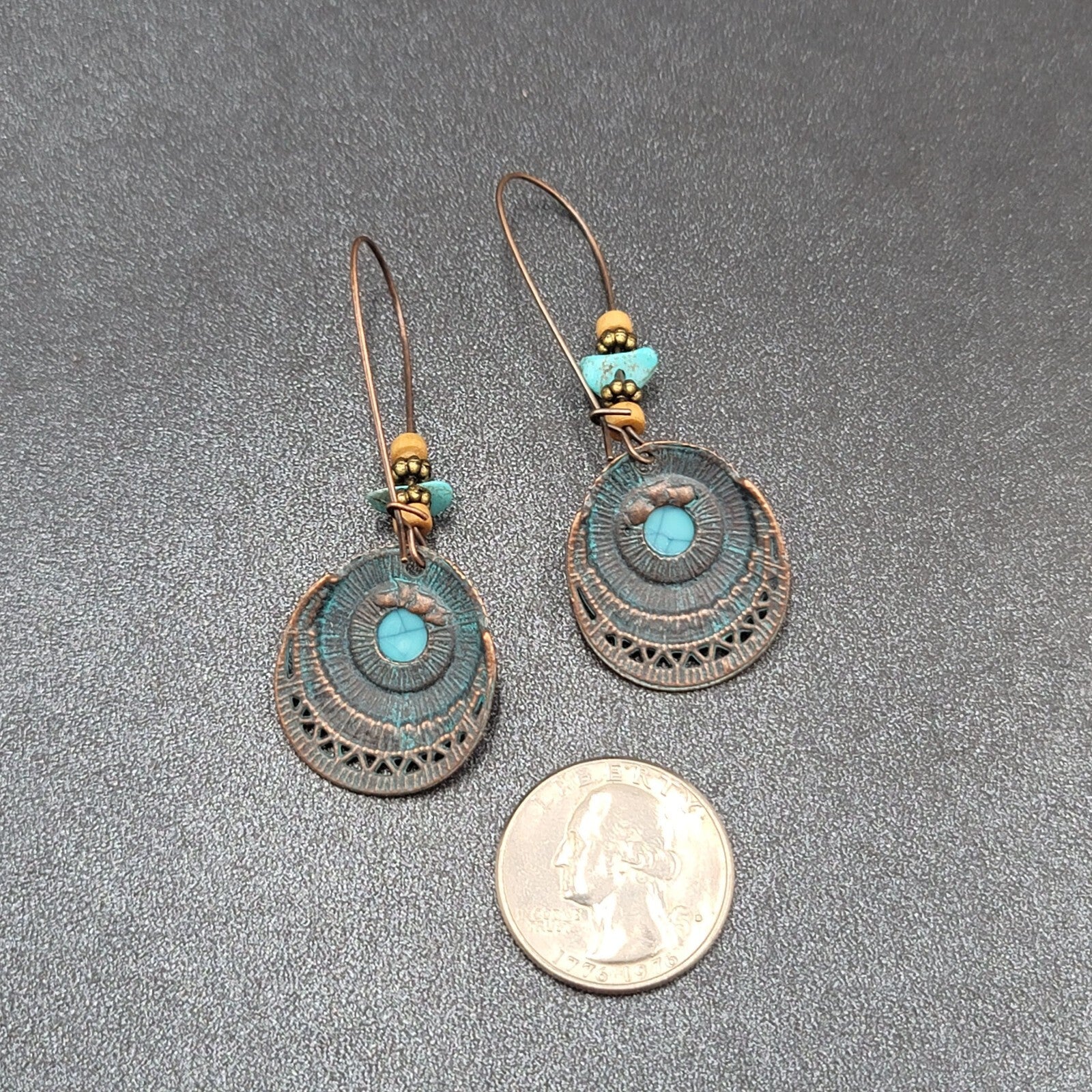 Boho Pierced Earrings Copper tone Faux Turquoise Dangle 2.25"