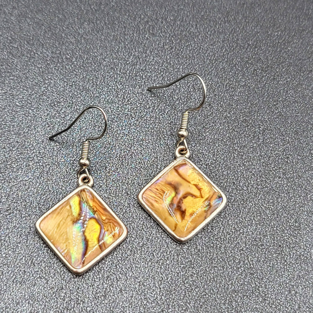 Pierced Earrings Silver tone Yellow Faux Abalone Square Dangle 7/8"