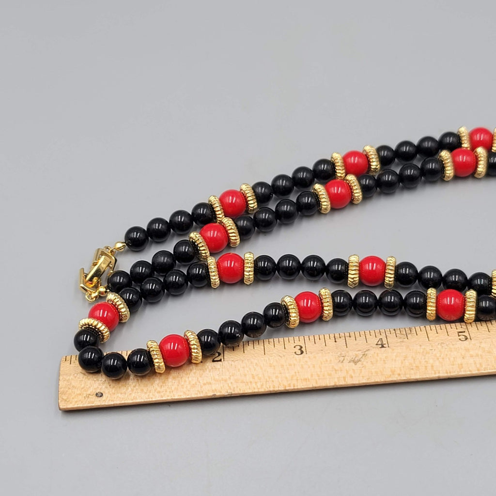 Vintage Black Red Bead Necklace Gold tone 32" Estate Costume Jewelry