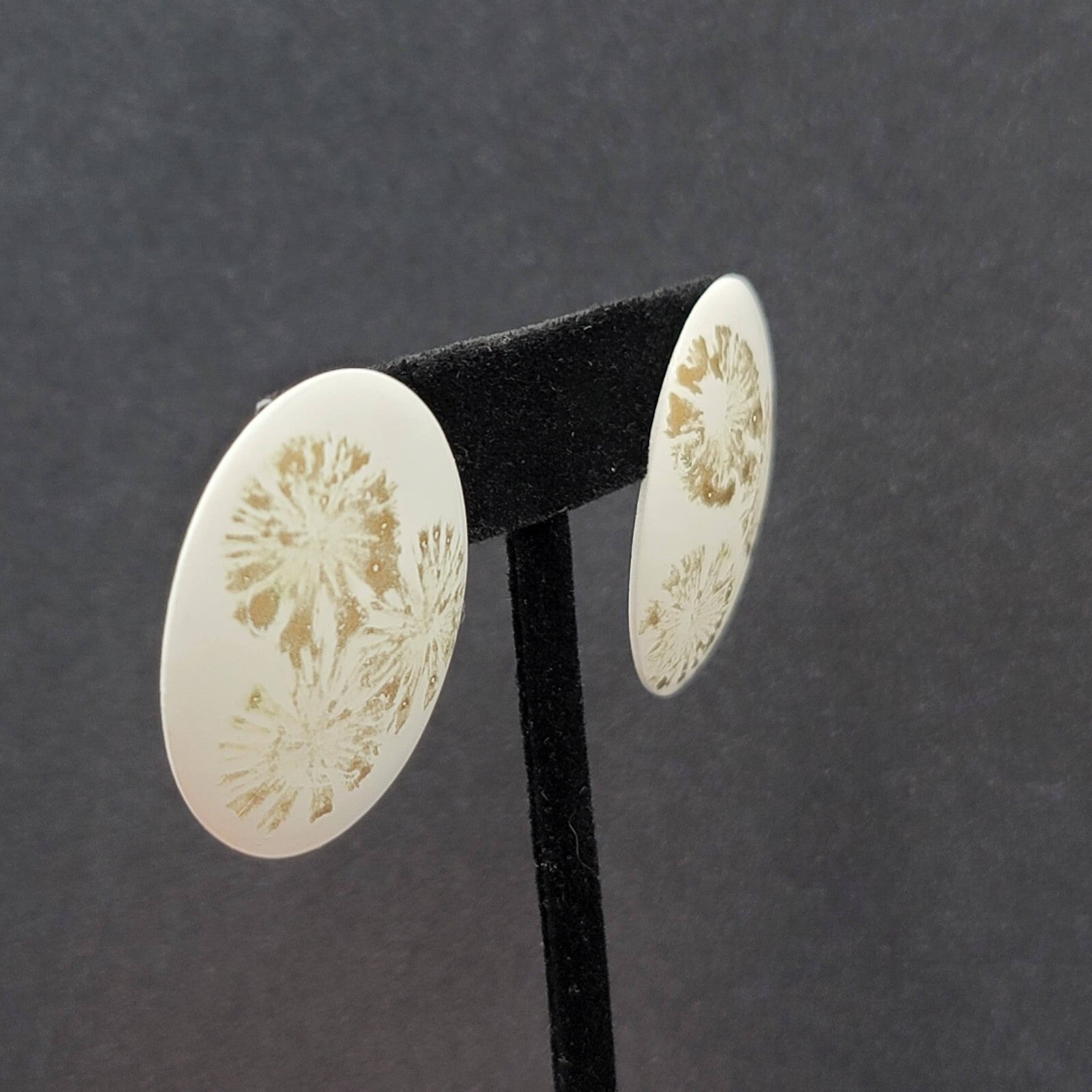 Vintage Pierced Earrings White Enamel over Metal Oval Gold Flowers Drop 1 3/8"