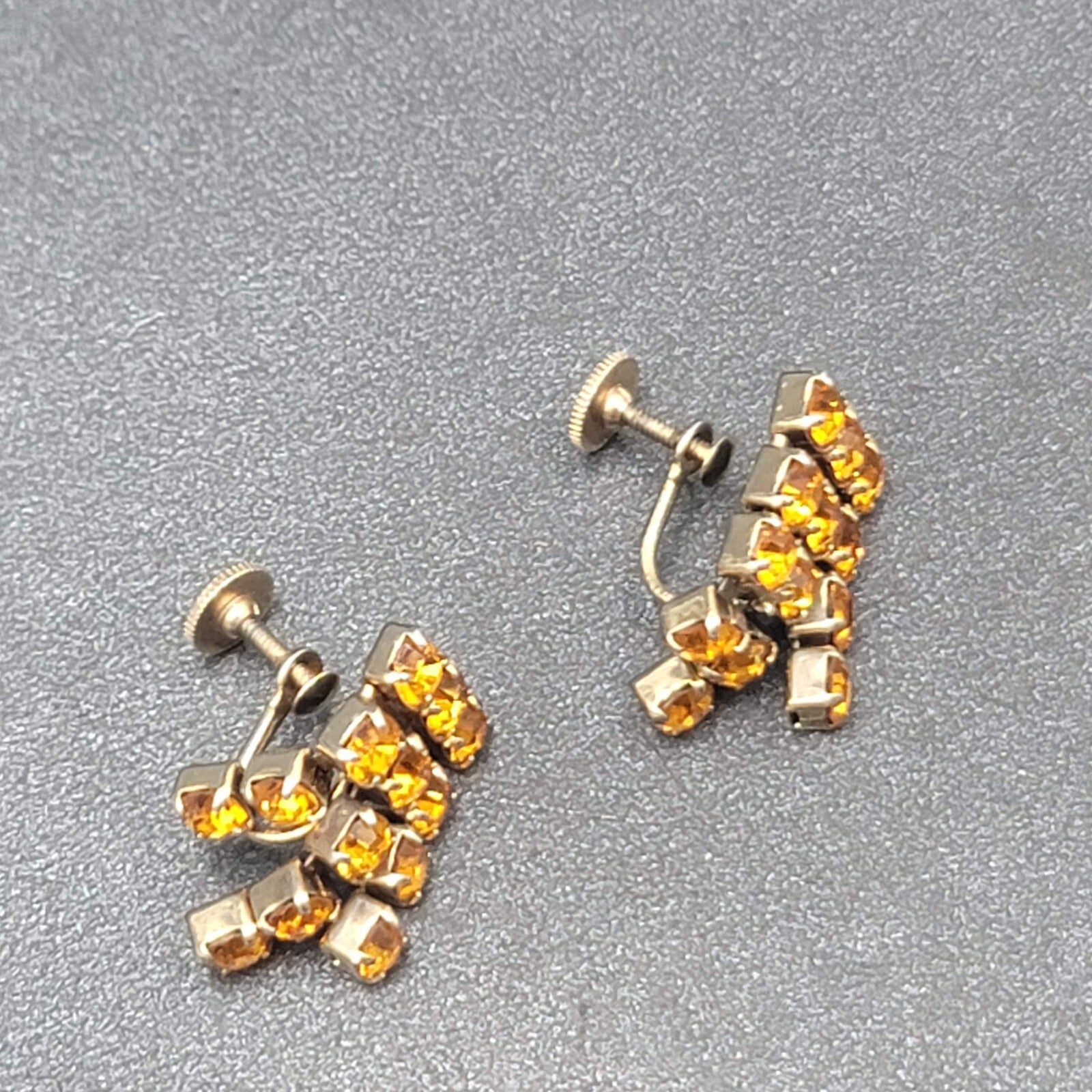 Vintage Clip on Earrings Gold tone Amber Orange Rhinestone Screw Back 1"