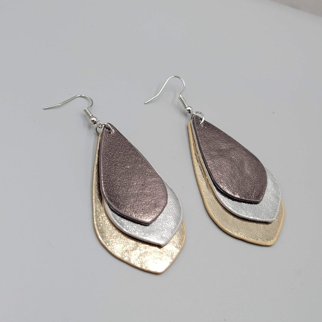 Pierced Earrings Triple Layer Faux Leather Metallic Dangle 2.5"