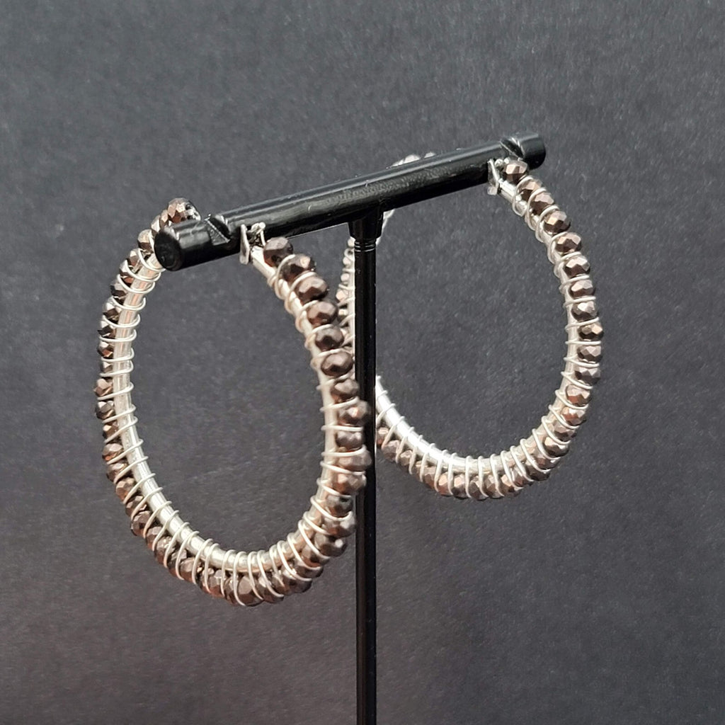 Pierced Earrings Silver tone Brown Glass Beaded Hoops 1.75"