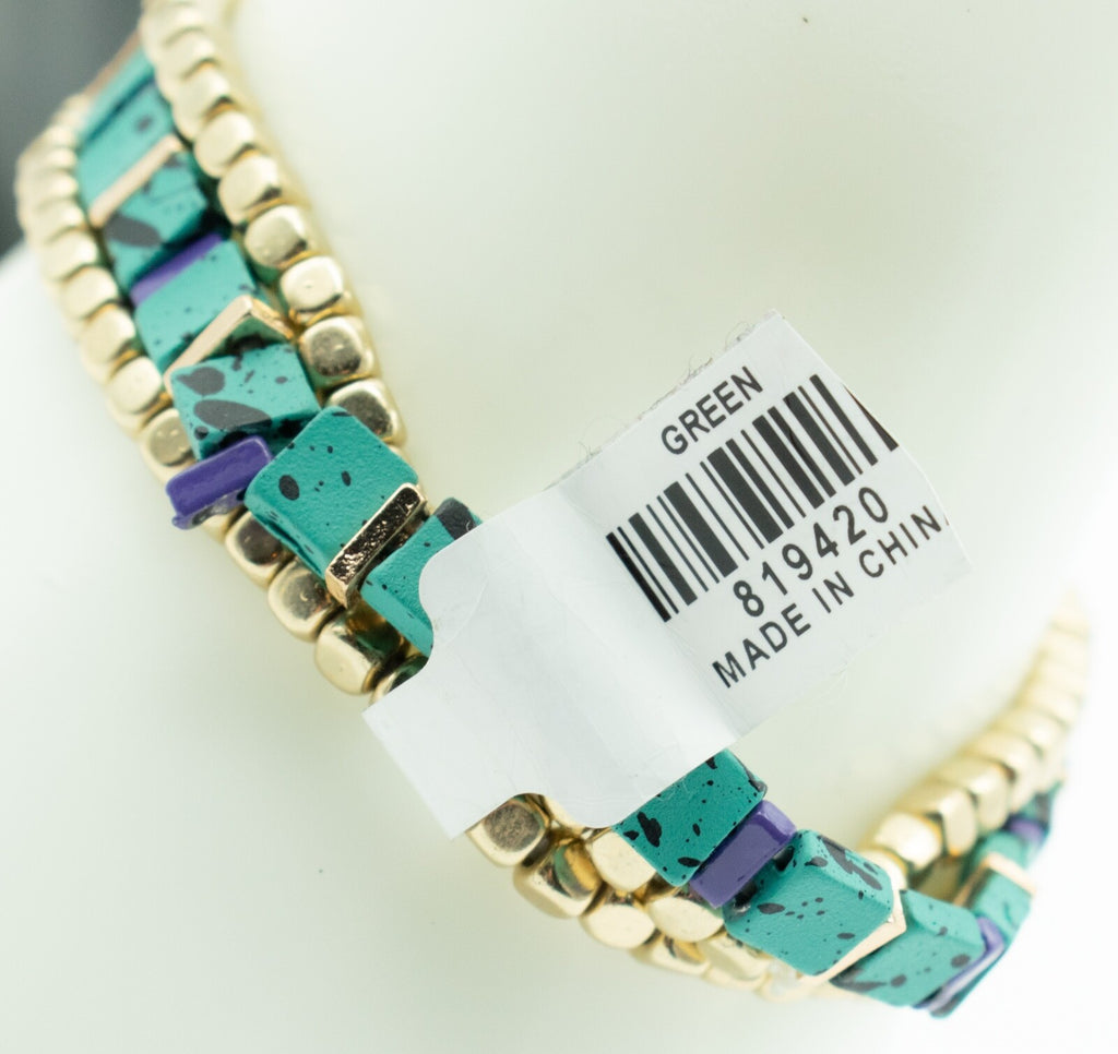 Beaded Elastic Bracelet Lot of 7 Silver tone Layered Gold tone Blue Beads NWT