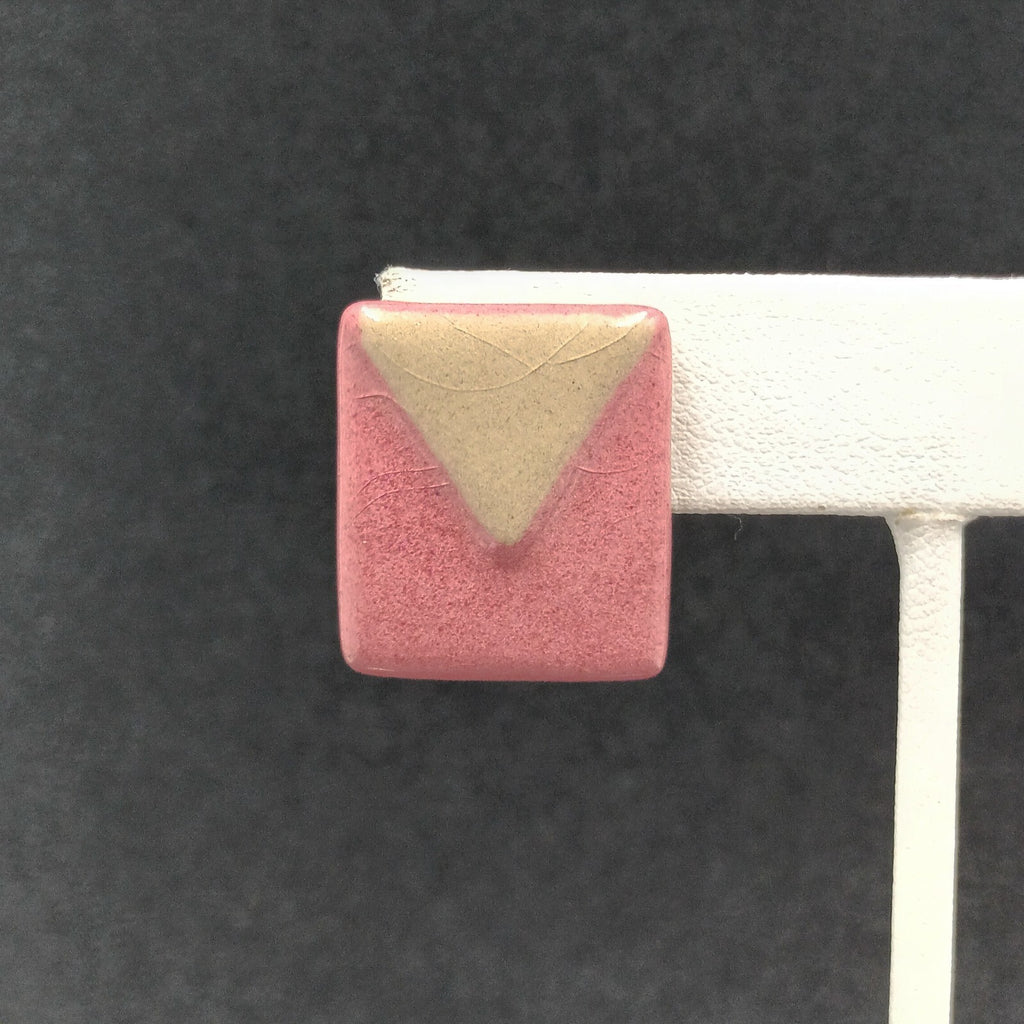 Vintage Pierced Earrings Pink Brown Geometric Ceramic Tile Rectangle Drop 7/8"