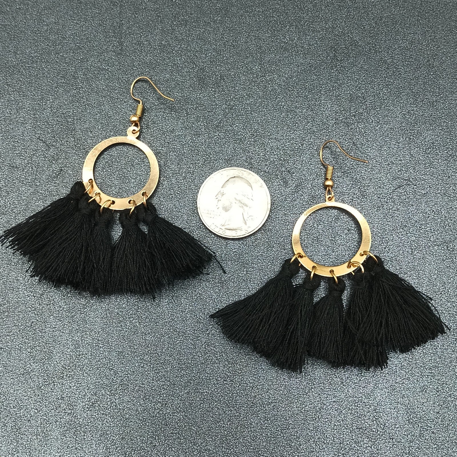 Boho Pierced Earrings Gold tone Circle Black Tassel Statement Dangle 2 1/4"