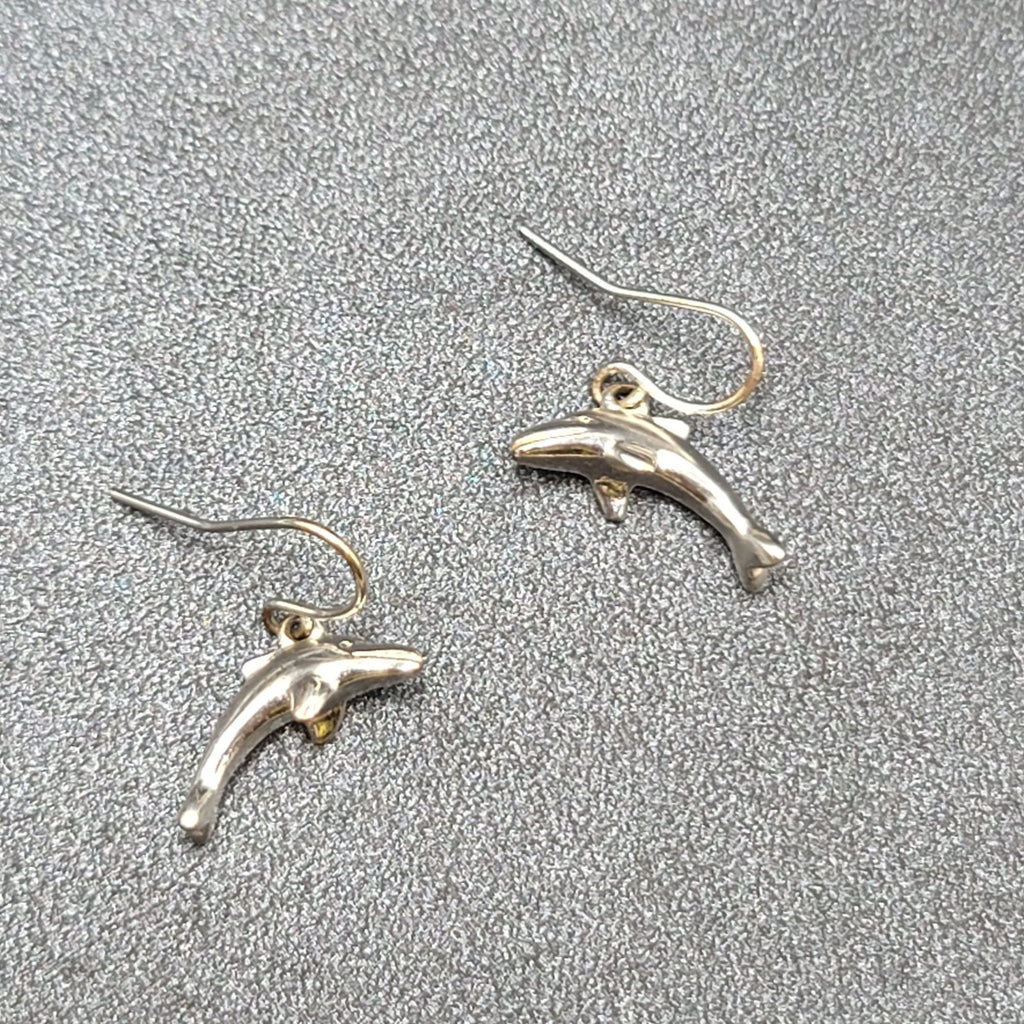 Pierced Earrings Dainty Silver tone Dolphin Dangle 3/4"