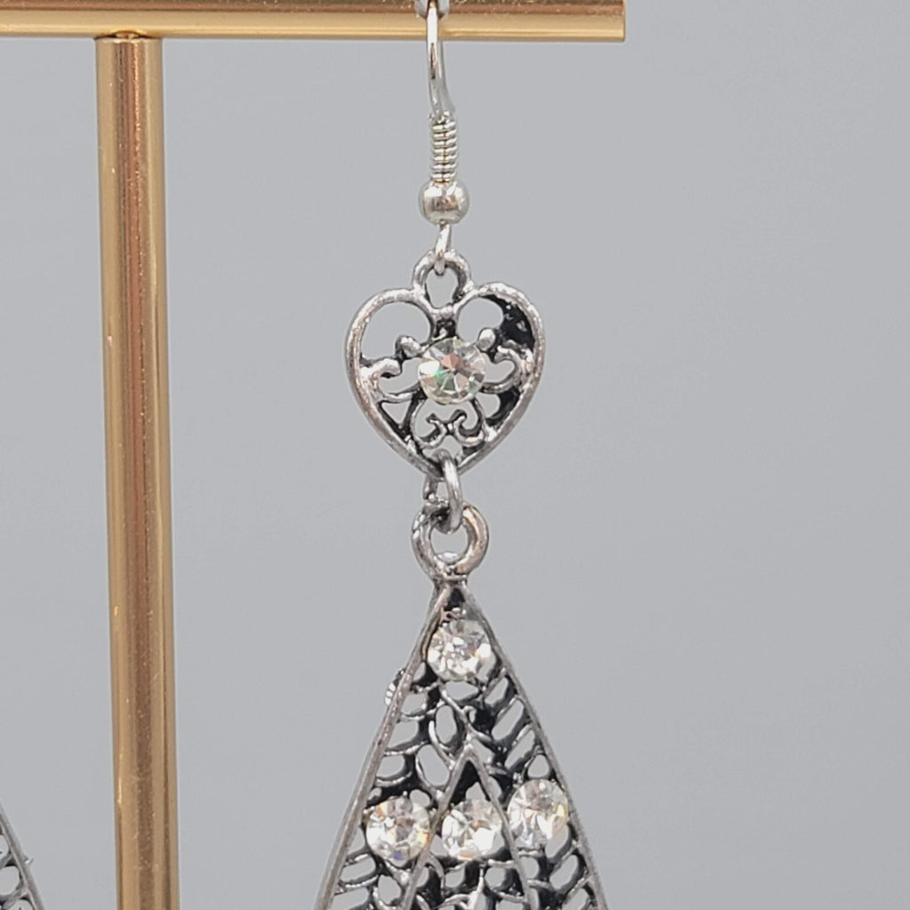 Heart Rhinestone Pierced Earrings Oxidized Silver tone Dangle Long 2.75"