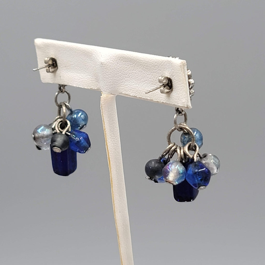 Oops a Daisy Pierced Earrings Blue Glass Beads Silver tone 1.5 in