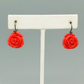 Pierced Earrings Red Acrylic Carved Rose Flower Dangle 5/8"