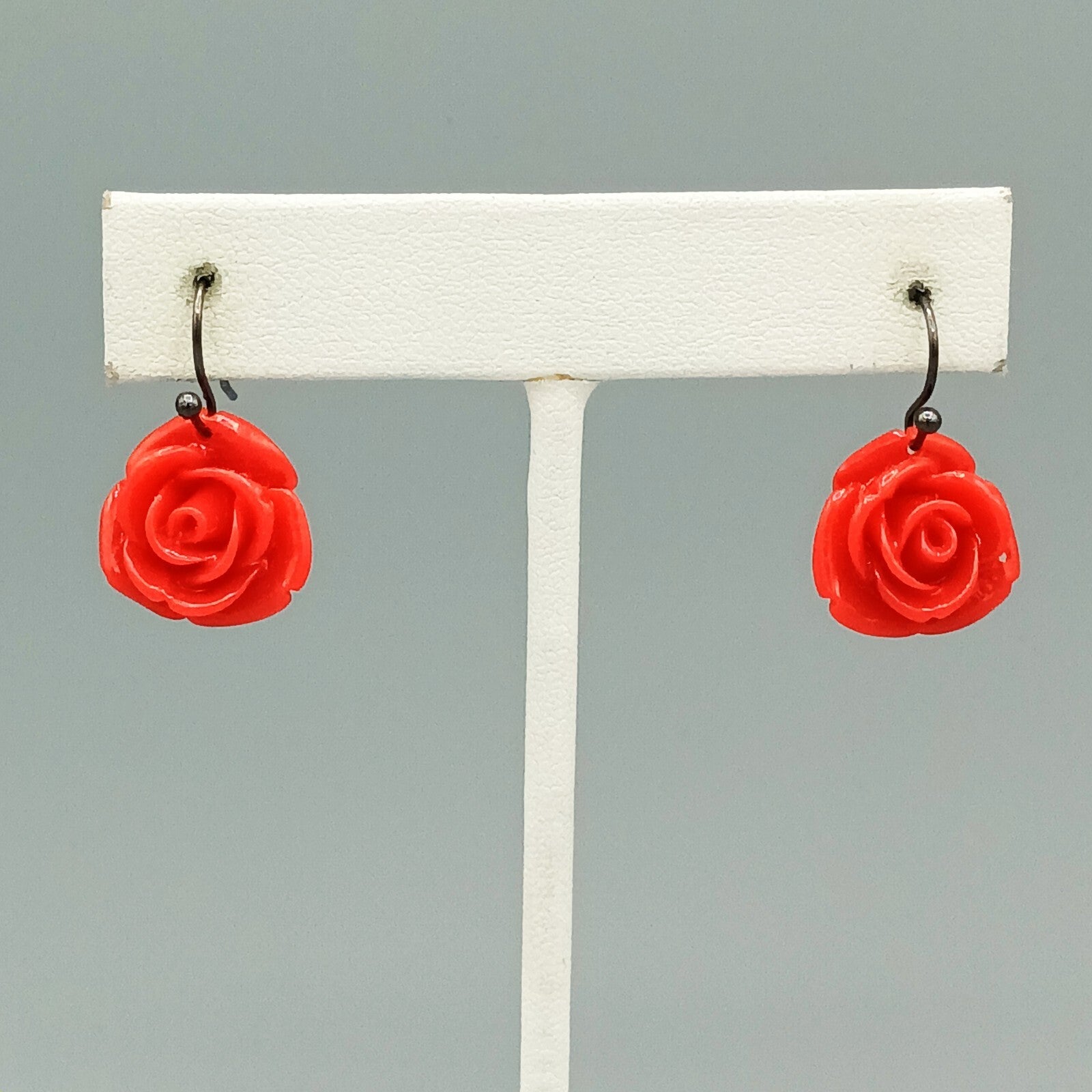 Pierced Earrings Red Acrylic Carved Rose Flower Dangle 5/8"