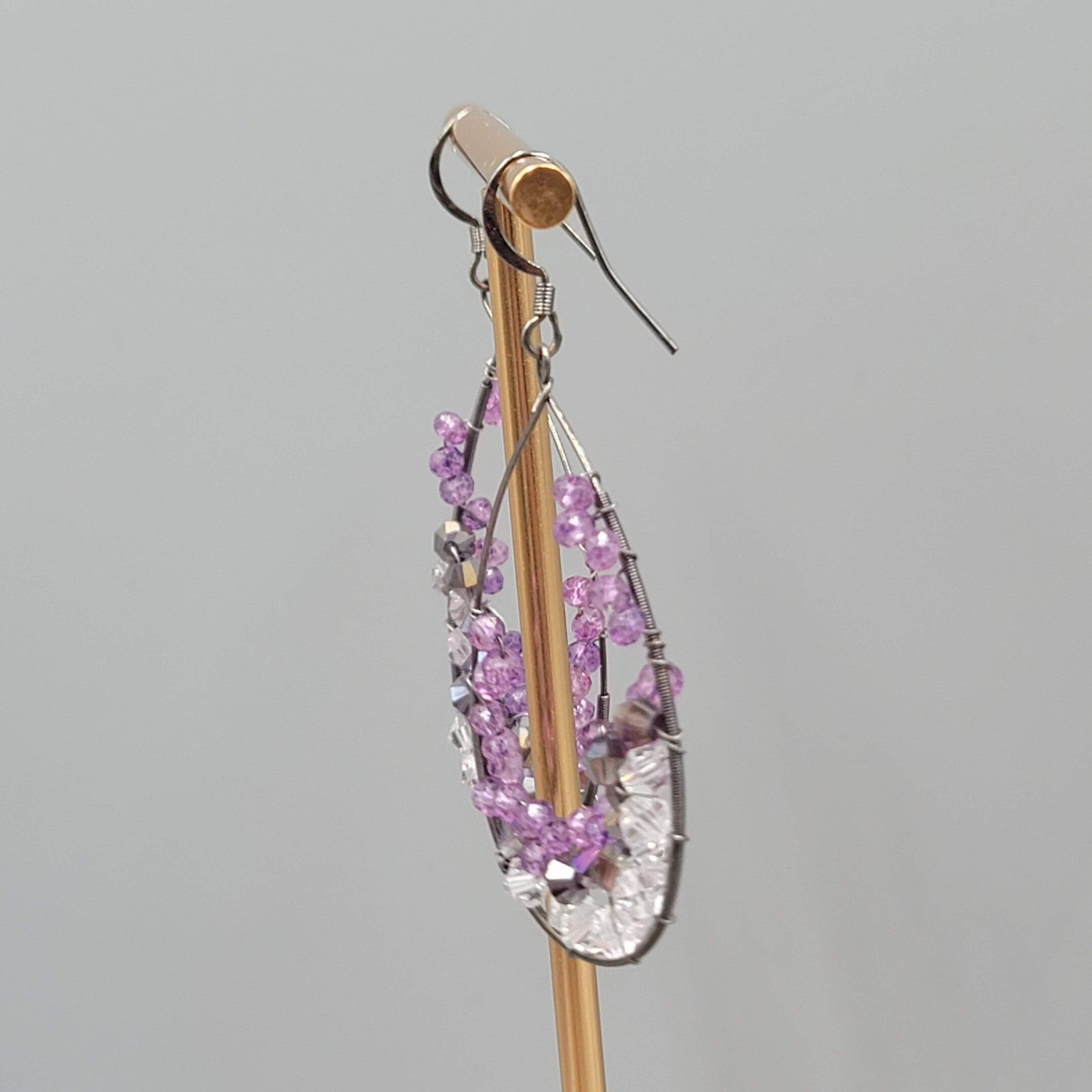 Purple Pink Gray Crystal Wrapped Teardrop Hoops Pierced Earrings 2 in