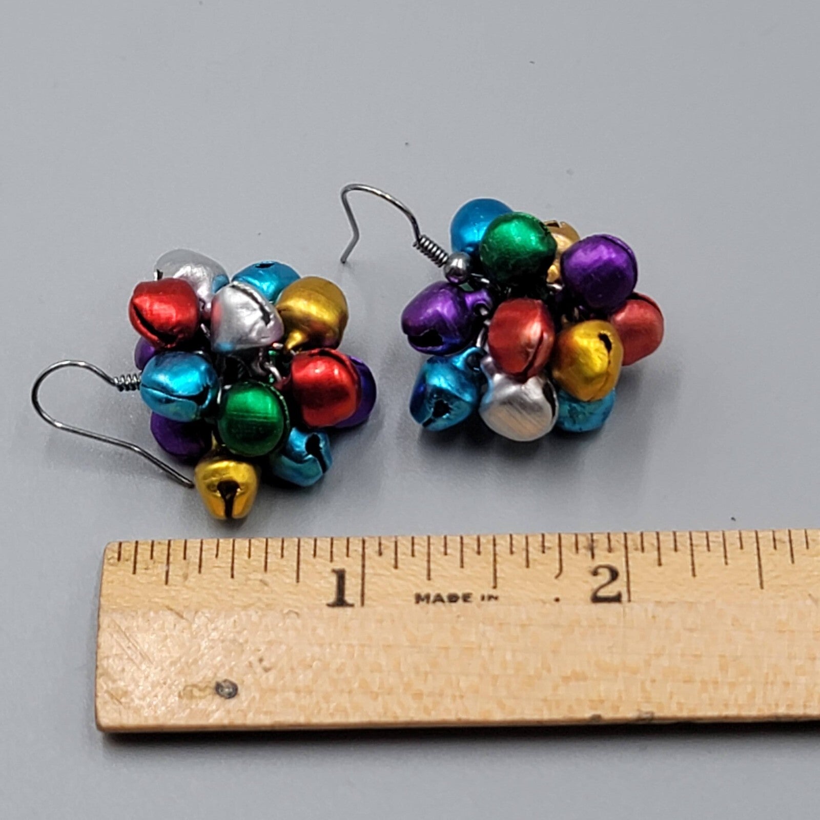 Jingle Bells Pierced Earrings Multi Color Dangle 7/8"