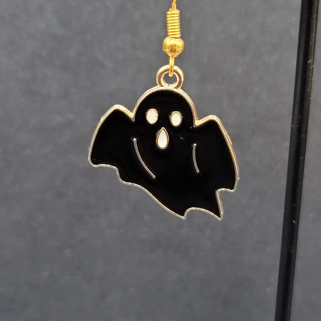 New Black Ghost Halloween Pierced Earrings Gold tone Enamel Dangle 1"