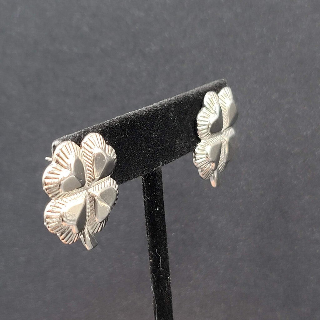Vintage Pierced Earrings Shiny Silver tone 4 Leaf Shamrocks 1"