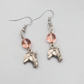 Horse Head Pink Bead Pierced Earrings Silver tone Dangle 1.25 in
