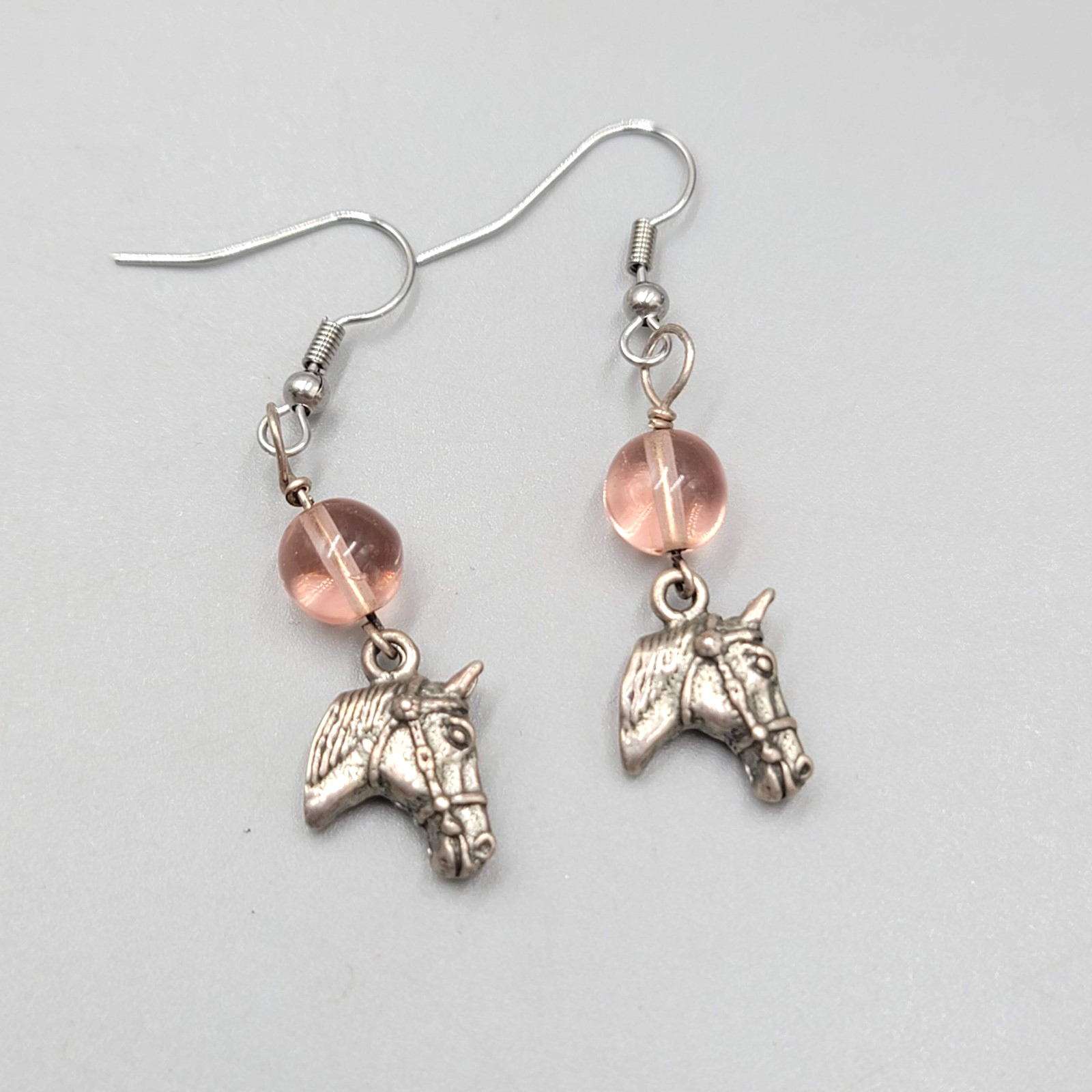 Horse Head Pink Bead Pierced Earrings Silver tone Dangle 1.25 in