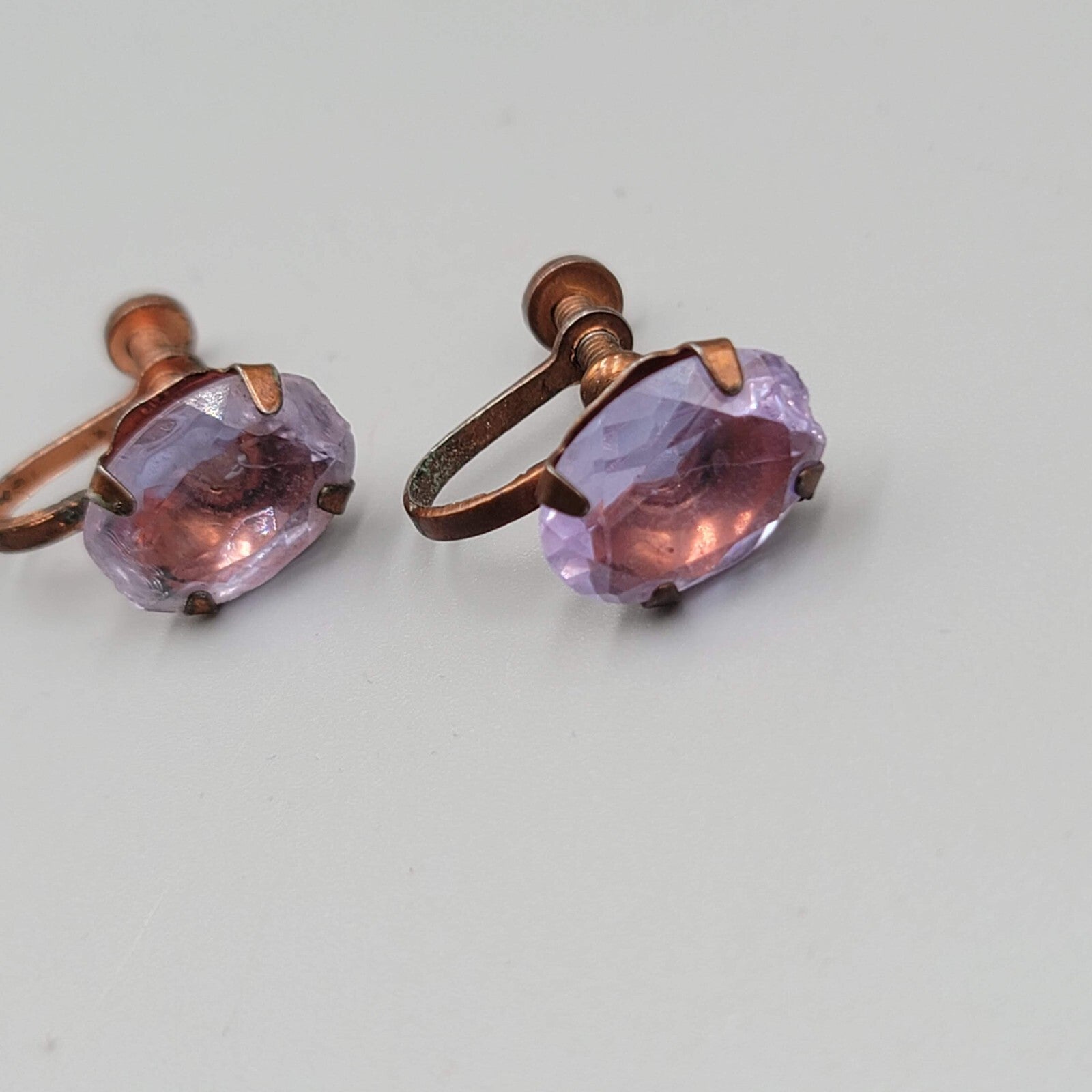 Vintage Clip on Earrings Bronze tone Purple Unknown Stud Screw Back 1/2"
