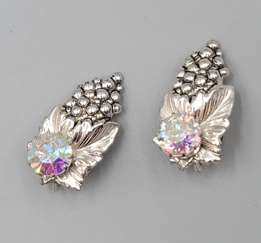 Sterling Silver Clip On Earrings Grapes AB Rhinestone Drop 3/4"