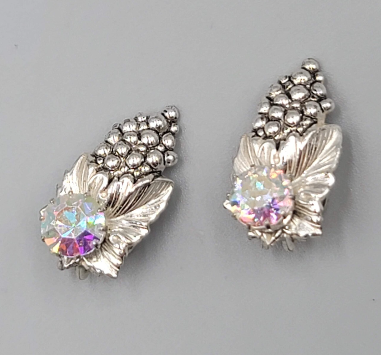 Sterling Silver Clip On Earrings Grapes AB Rhinestone Drop 3/4"
