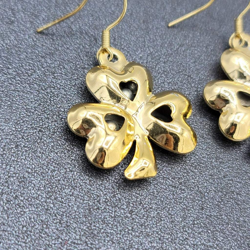 Clover Dangle Hook Dangle Pierced Earrings Jingle Bell Gold tone St Patricks Day