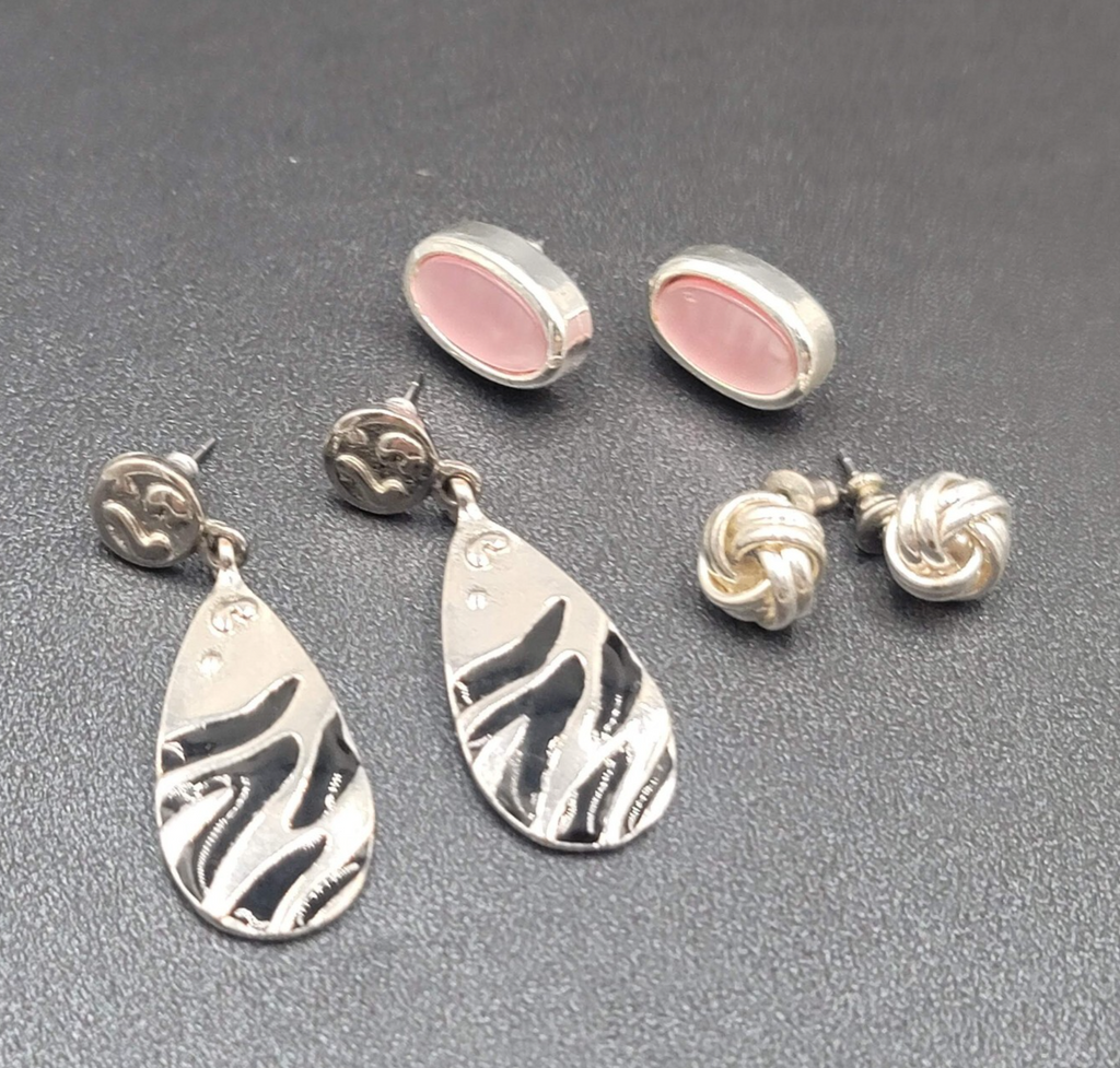 Lot of 3 Pierced Earrings Silver tone Pink Cats Eye Black Enamel Dangle Studs