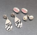 Lot of 3 Pierced Earrings Silver tone Pink Cats Eye Black Enamel Dangle Studs