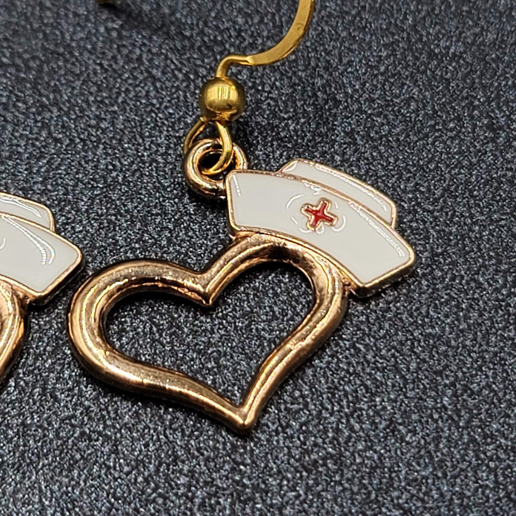 Nurse Heart Pierced Earrings Red White Enamel Gold tone Dangle 3/4"