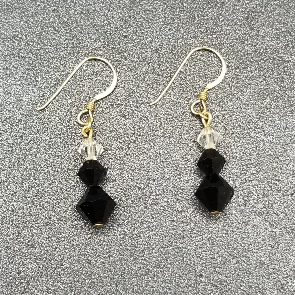 Pierced Earrings Gold tone Black Faceted Crystal Beaded Dangle 3/4"