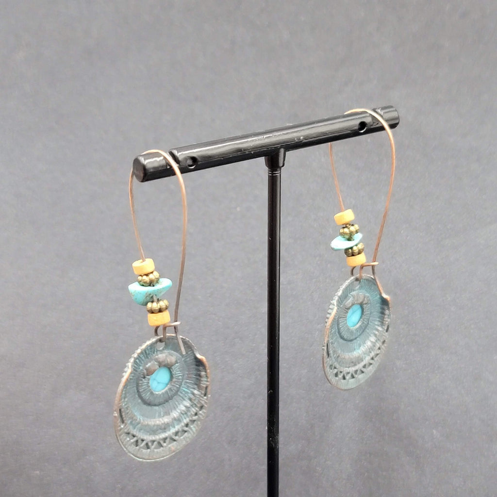 Boho Pierced Earrings Copper tone Faux Turquoise Dangle 2.25"