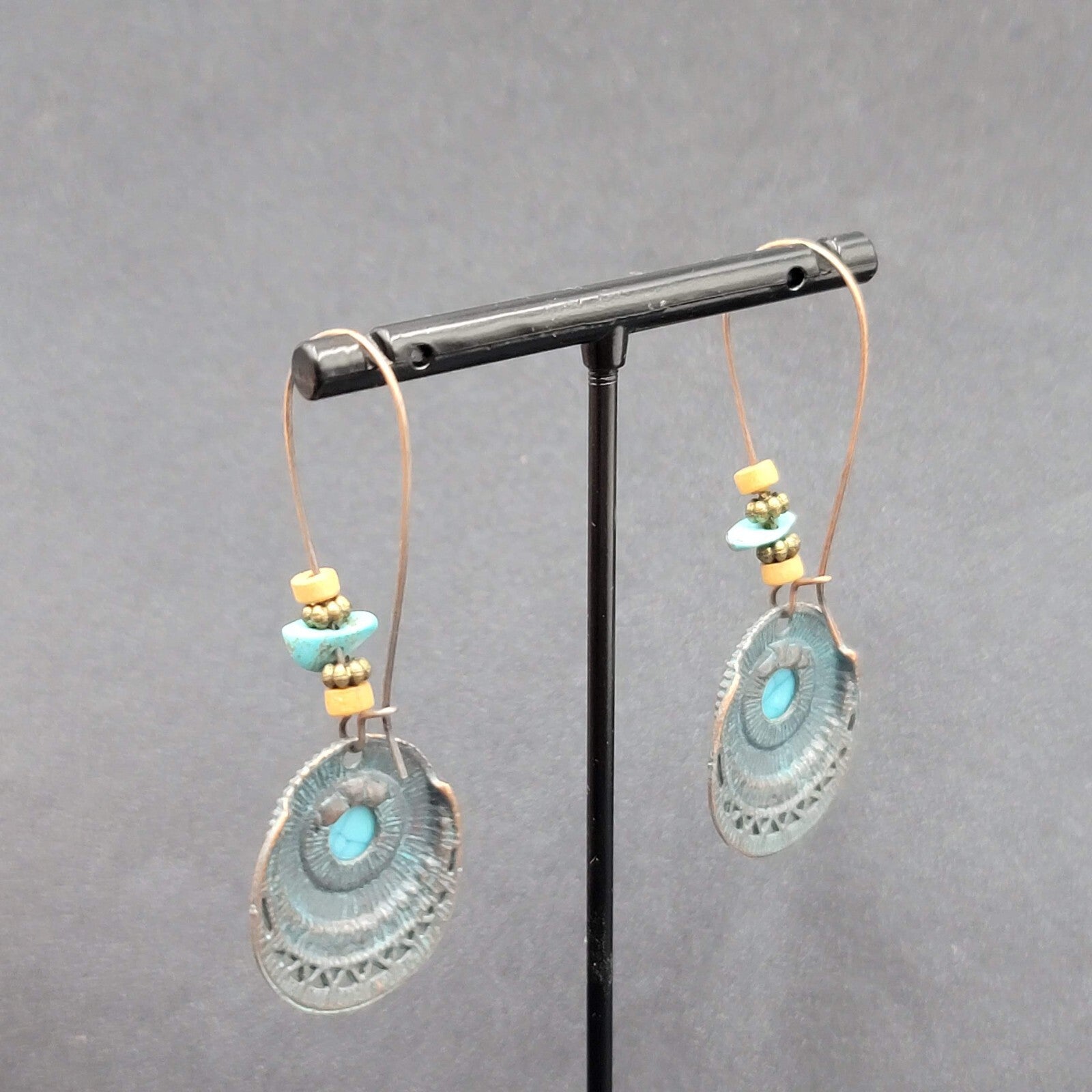 Boho Pierced Earrings Copper tone Faux Turquoise Dangle 2.25"