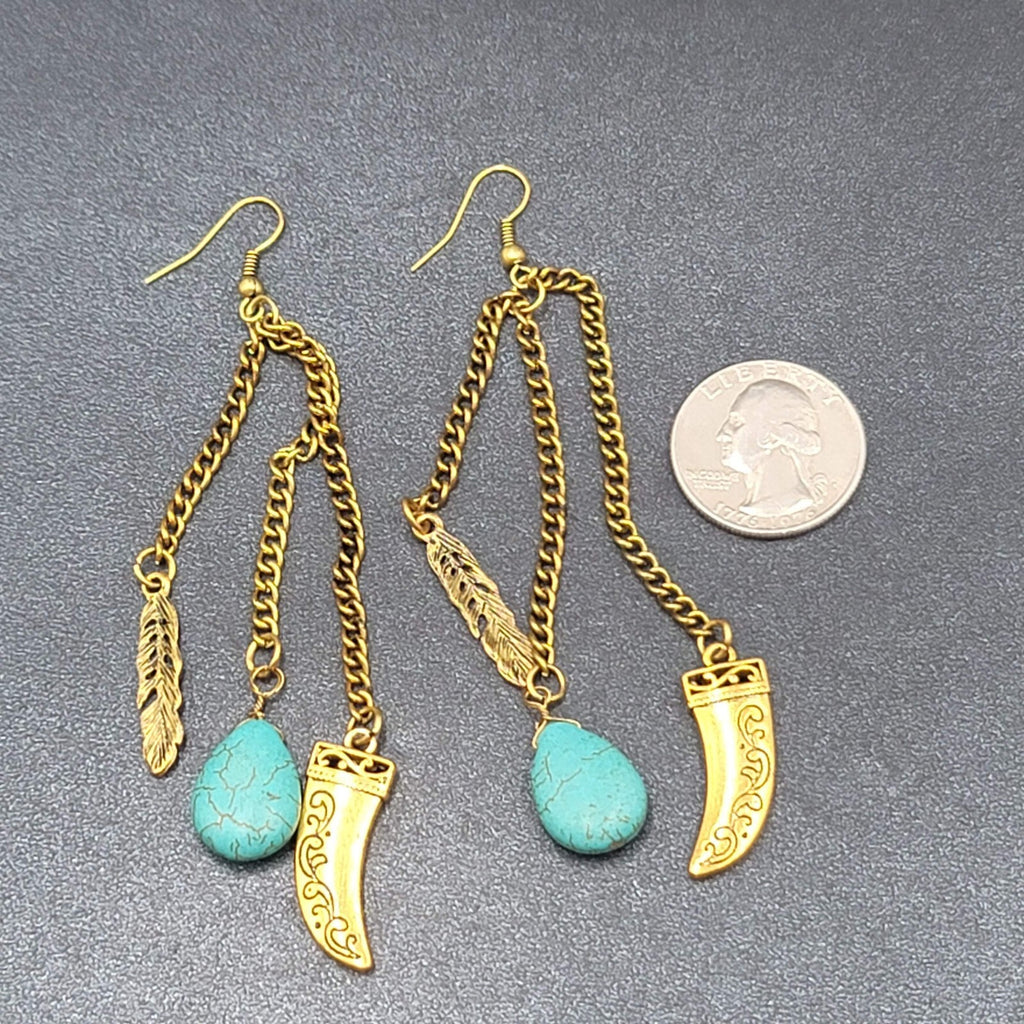 Pierced Earrings Large Gold tone Multi Chain Charms Beaded Statement 4"