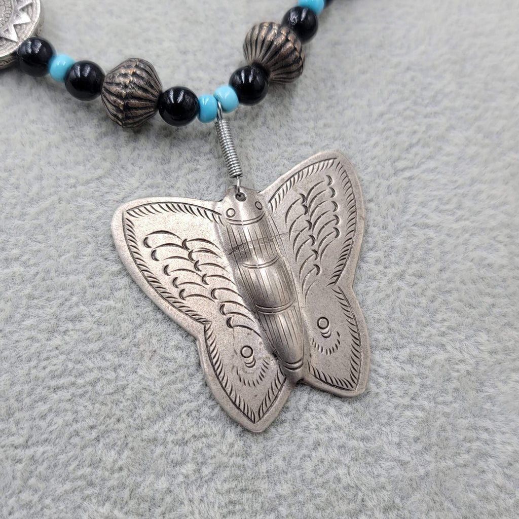 Artisan Butterfly Pendant Necklace Blue Black Bead Handmade 18 in
