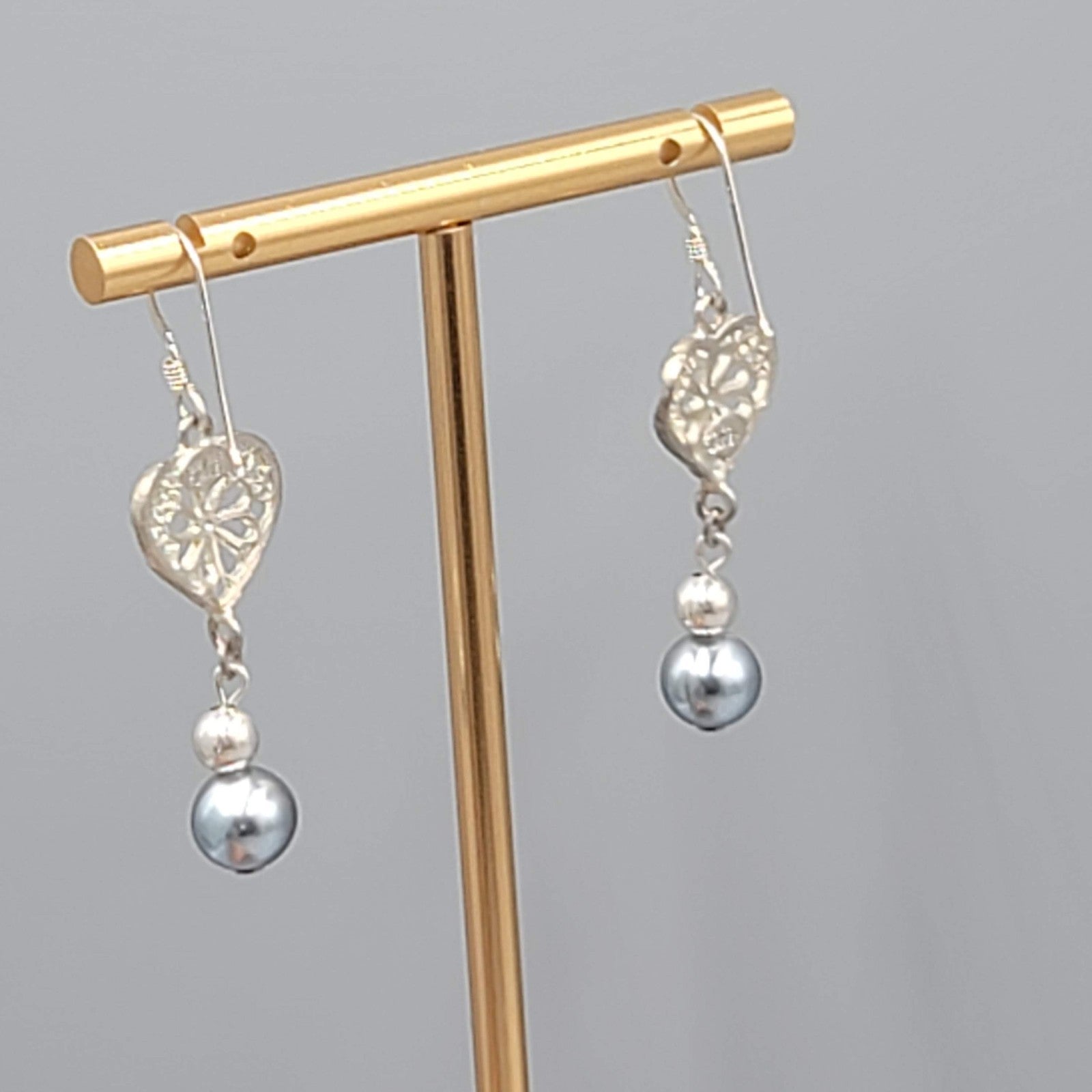 Sterling Silver Pierced Earrings Gray Bead Dangle 1.25" 925