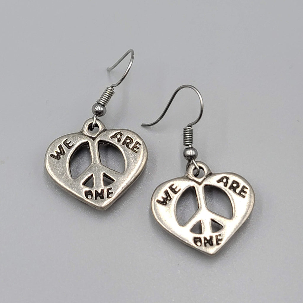 We Are One Peace Heart Pierced Earrings Silver tone Dangle 7/8"