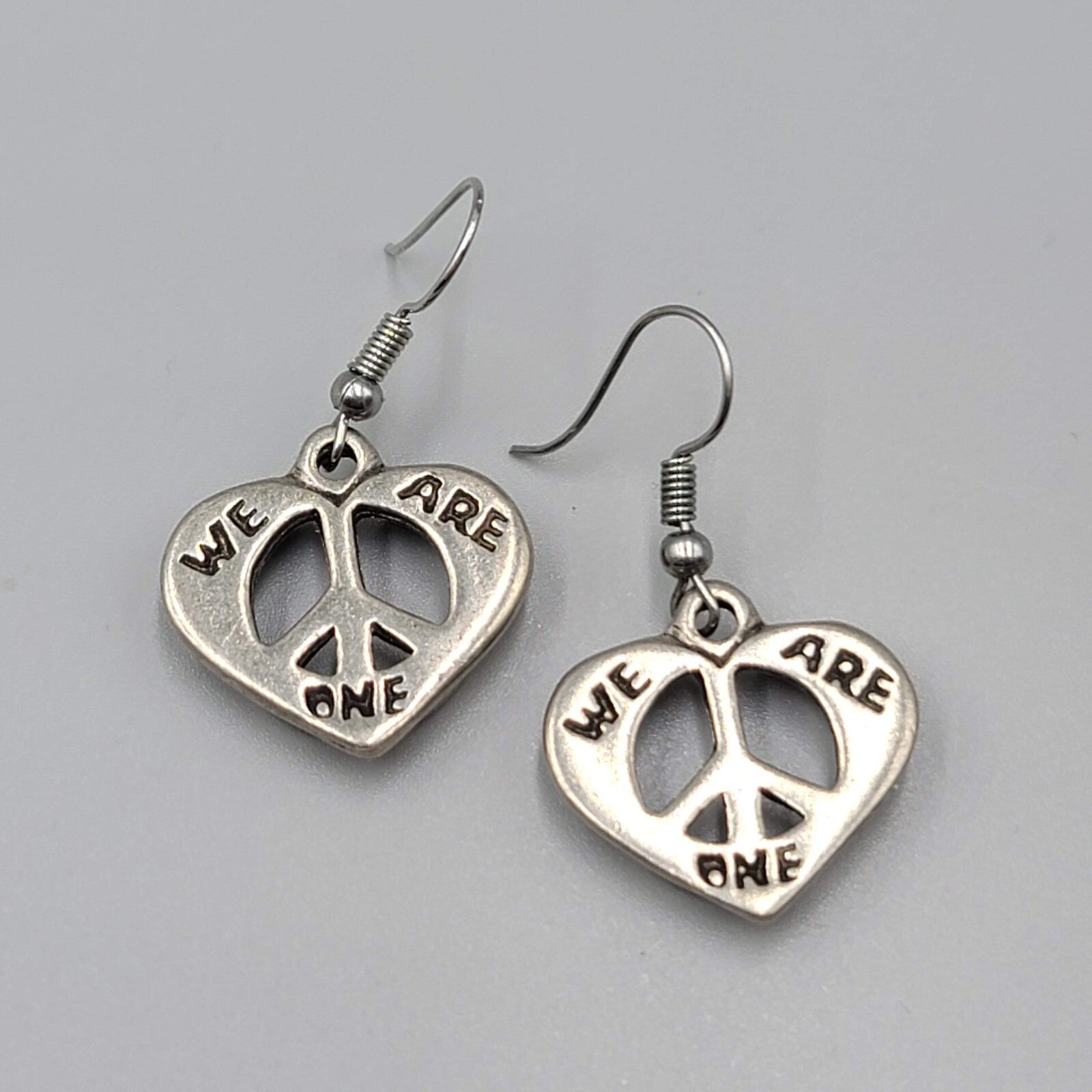 We Are One Peace Heart Pierced Earrings Silver tone Dangle 7/8"
