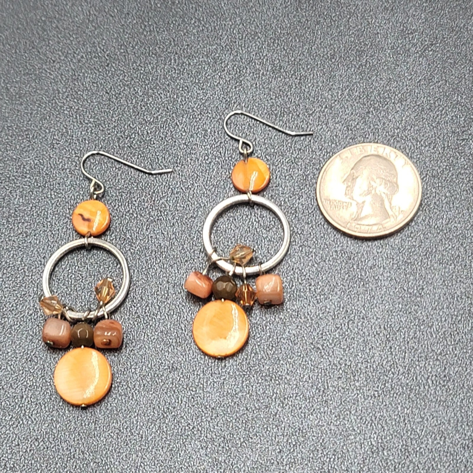 Pierced Earrings Silver tone Orange Shells Dangle Beads 2"