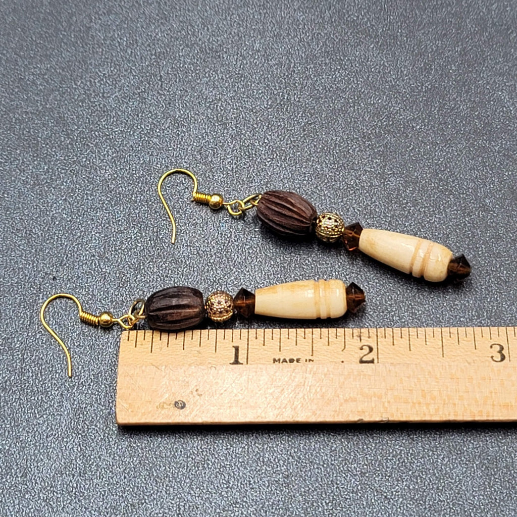 Pierced Earrings Gold tone Wood Hand Carved Beads Dangle 2"