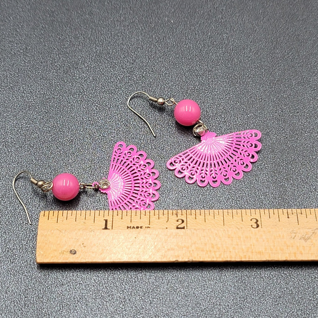 Pierced Earrings Hot Pink Enamel over Metal Fan Bead Dangle 1.75"
