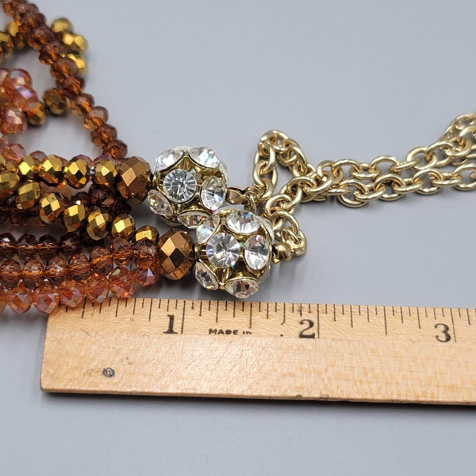 Long Crystal Bead Necklace Triple Strand Gold tone Chain 36"-38"
