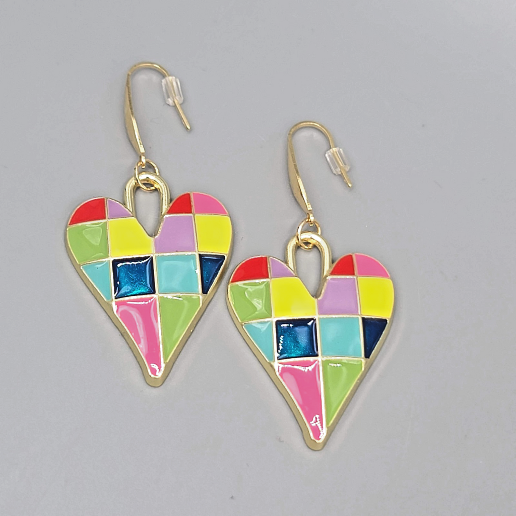 Multicolor Enamel Checkered Heart Pierced Earrings Gold tone Dangle Large 1.5"