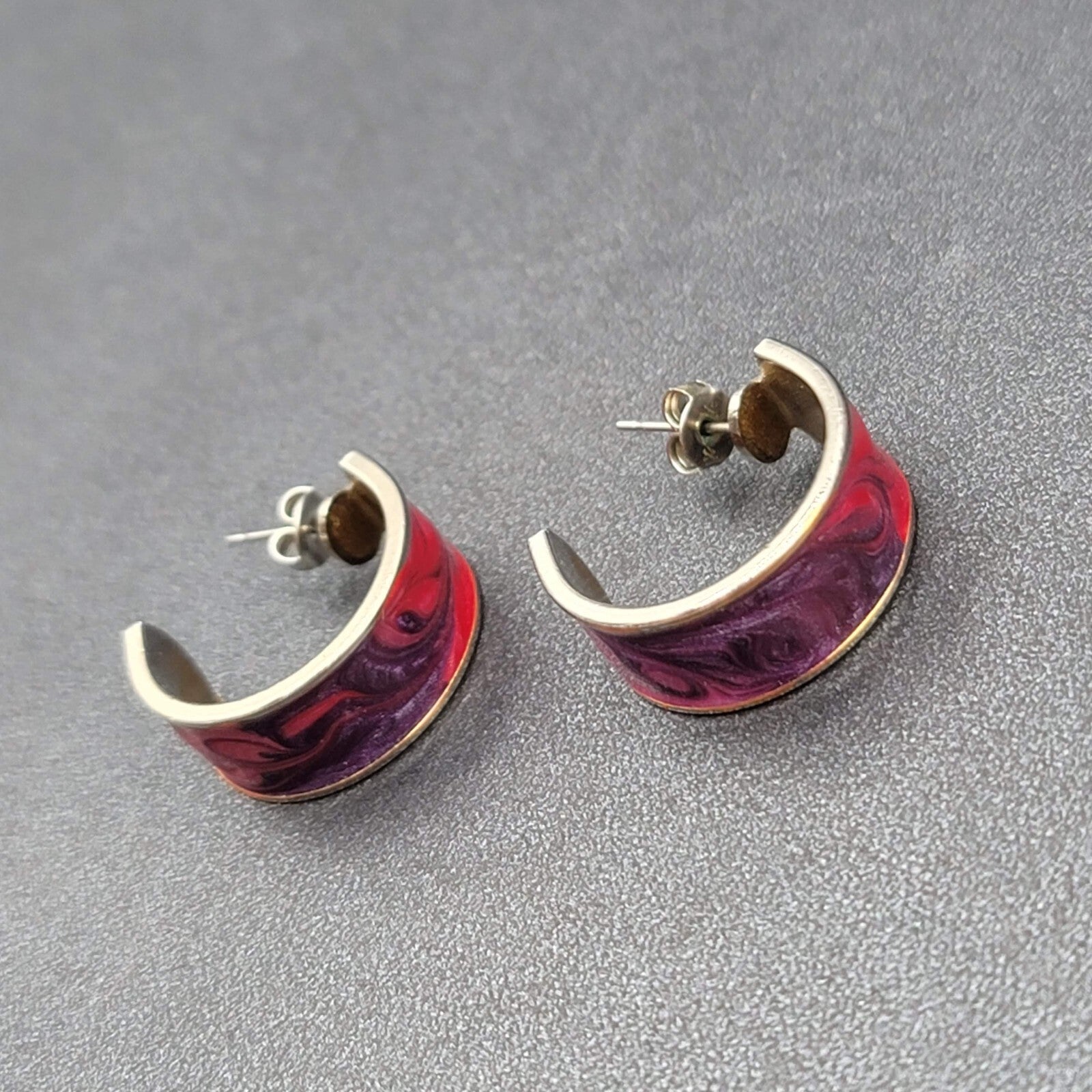 Vintage Pierced Earrings Silver tone Pink Purple Enamel Wide Hoops 3/4"