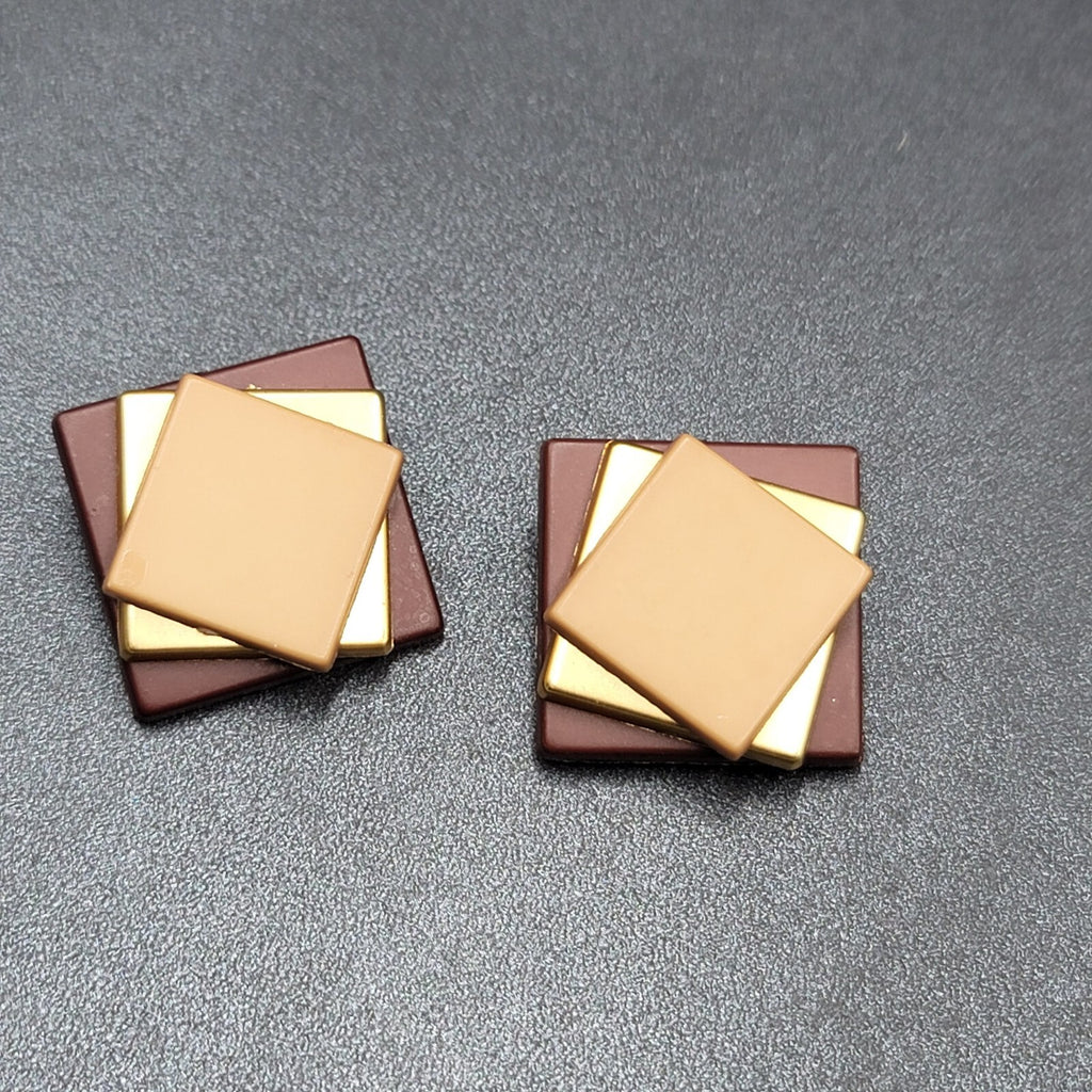 Vintage Clip on Earrings Plastic Layered Squares Brown Tan 1.25"