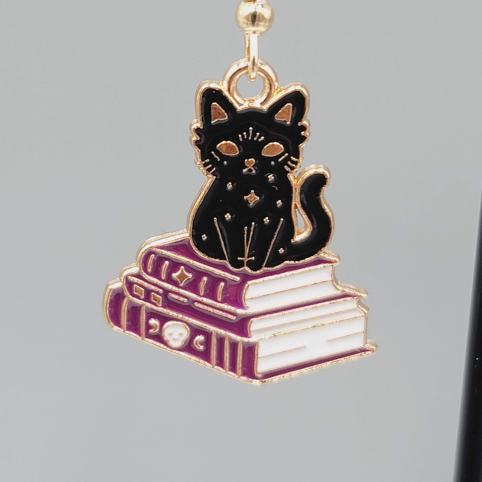 Black Cat Purple Books Pierced Earrings Enamel Gold tone Dangle New 1"